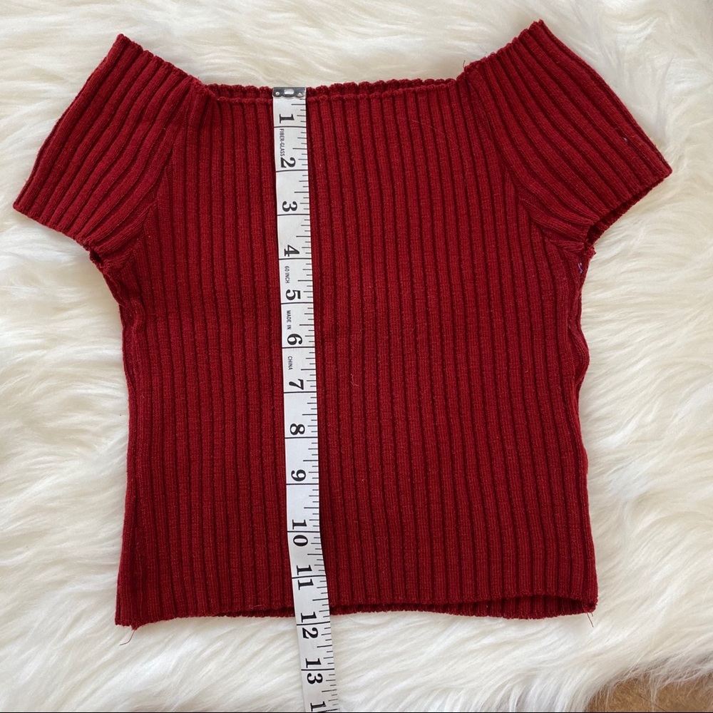 Red Ribbed Knit Off Shoulder Crop Top - Picture 5 of 6